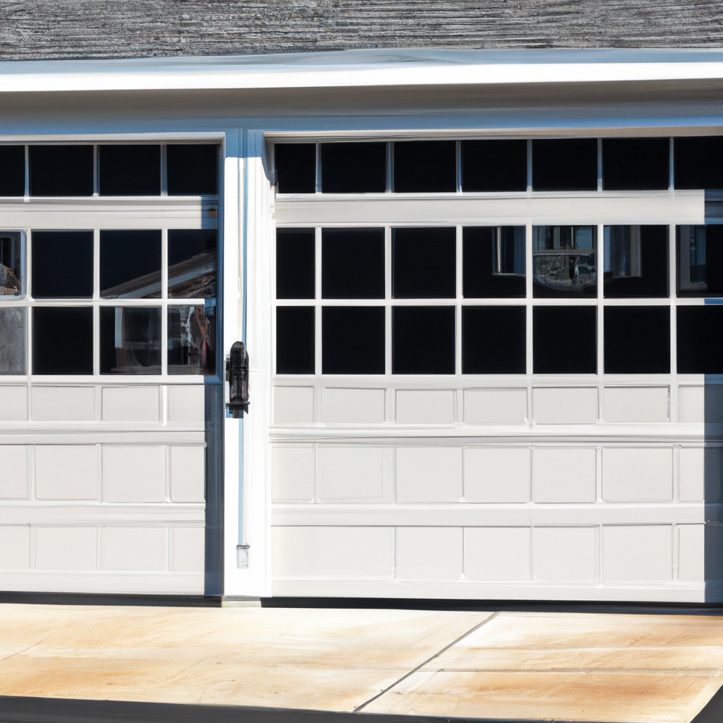 Editorial-style image of a sleek modern glass-panel garage door on a suburban home in Dover, Massachusetts