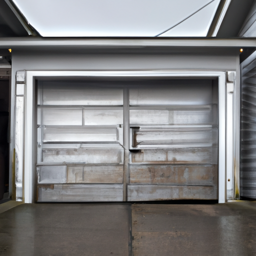 Wet steel garage door partially open on a Port Townsend home with cedar siding and an overcast sky.
