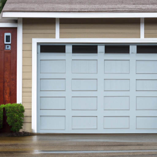 Residential garage door on a wet street in Port Townsend, WA with coastal vegetation and overcast sky