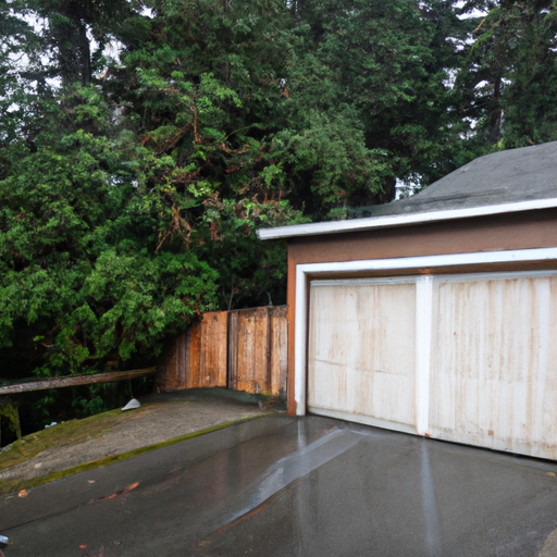 Sectional garage door on a wet driveway in Port Townsend, WA with cedar trees and cloudy sky