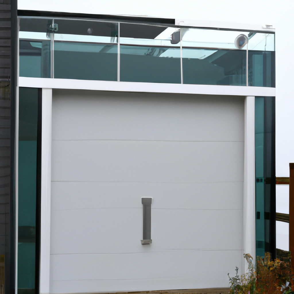 Modern steel garage door with glass panels on a coastal Port Townsend home