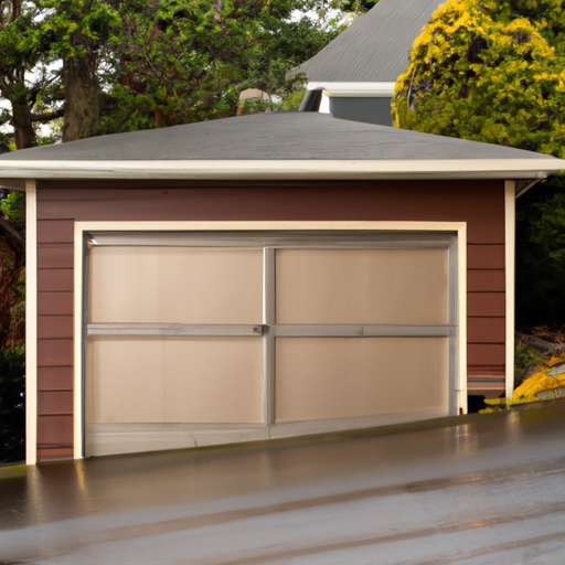 Closed residential garage door on a coastal Port Townsend home with cedar siding and evergreen backdrop.