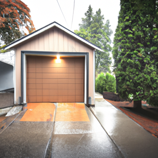 Cedar-sided house in Port Townsend with a slightly ajar insulated steel garage door on a damp, overcast morning.