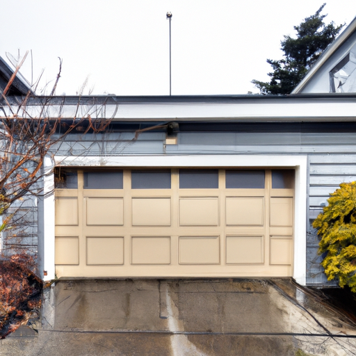 Coastal Port Townsend home with a modern sectional garage door, damp wooden siding and visible door hardware in overcast light.