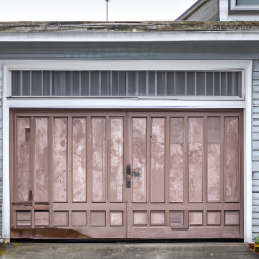 Garage door on a weathered coastal home in Port Townsend, WA, showing door panels, driveway, and damp wooden siding.