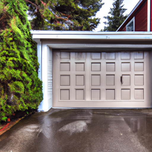 Overcast Port Townsend residential garage with a closed sectional garage door and wet driveway reflecting coastal light.