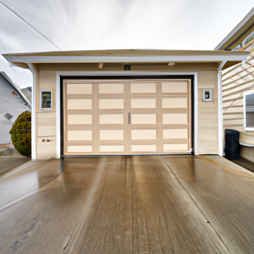 Wide-angle view of a newly installed paneled garage door on a Port Townsend home with cloudy coastal sky.