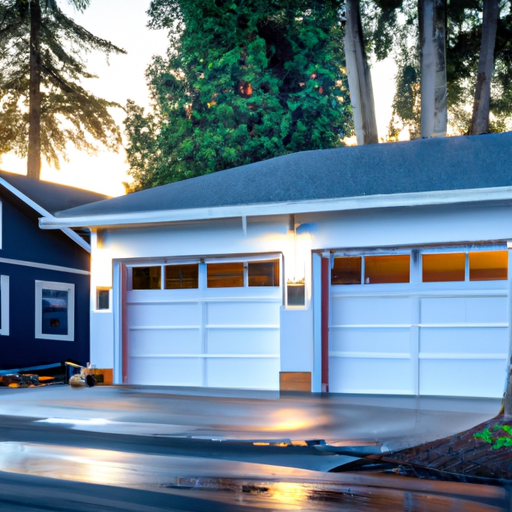 Sectional garage door being installed on a wooden house in coastal Port Townsend at dawn with tools on driveway.