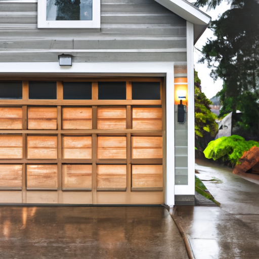 Port Townsend home at dawn with an insulated sectional garage door and wet street under soft overcast light.