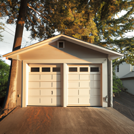 Exterior view of a residential garage door on a cedar-sided home in Port Townsend with wet pavement and evergreens behind.