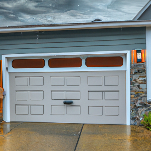 Coastal Port Townsend home with a modern garage door and visible smart hardware on a damp Pacific Northwest day.