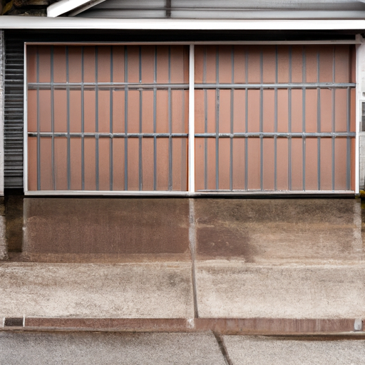 Residential garage door closed on a wet driveway in Port Townsend with coastal light and visible door panels