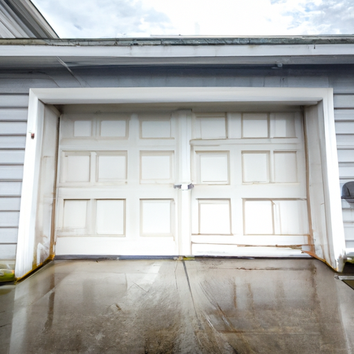 Residential garage door on a wet driveway with coastal-weathered siding in Port Townsend, WA.