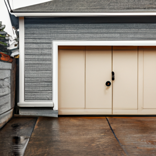 Coastal Port Townsend home with a slightly open garage door, showing tracks and opener, wet pavement and muted Pacific Northwest light.