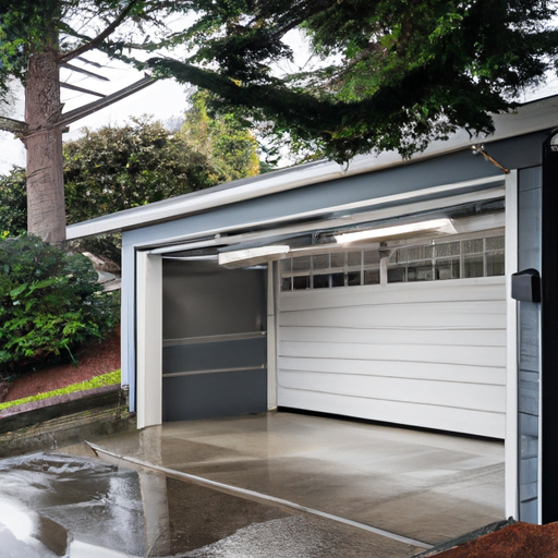 Residential garage with a visible ceiling-mounted opener, tracks, and damp pavement near shoreline in Port Townsend.