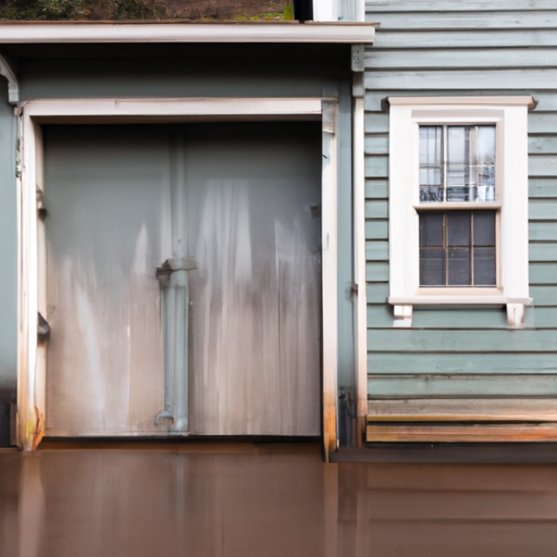 Wet Port Townsend residential garage with slightly ajar door, visible track and hardware, overcast PNW lighting