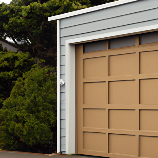 Residential wooden garage door slightly ajar at a Port Townsend home, showing tracks and hardware in coastal light.