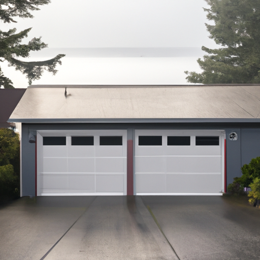 Raised-panel steel garage door on a cedar-sided Port Townsend home with wet driveway and coastal haze.