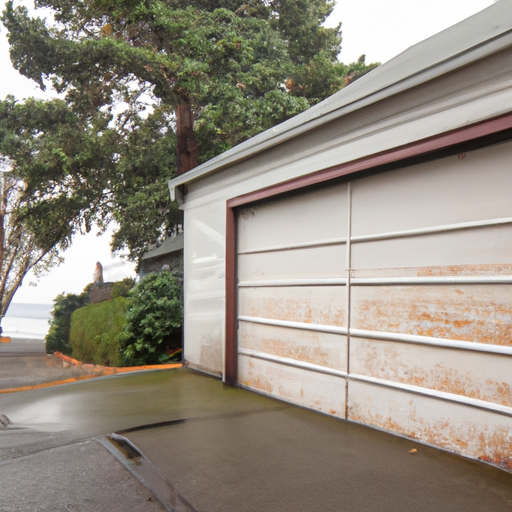 Editorial photo of a residential garage door on a rainy Port Townsend street with cedar trees and wet pavement.