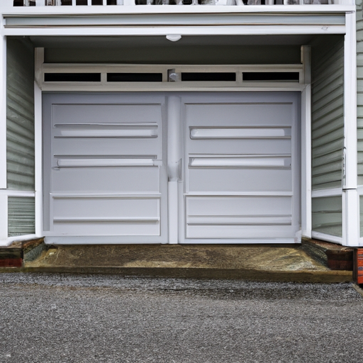 Port Townsend coastal home with a carriage-style garage door partially open on damp pavement under overcast sky.