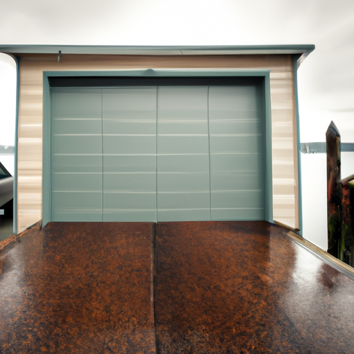 Coastal Port Townsend home with a modern garage door, wet street and harbor in soft overcast light.