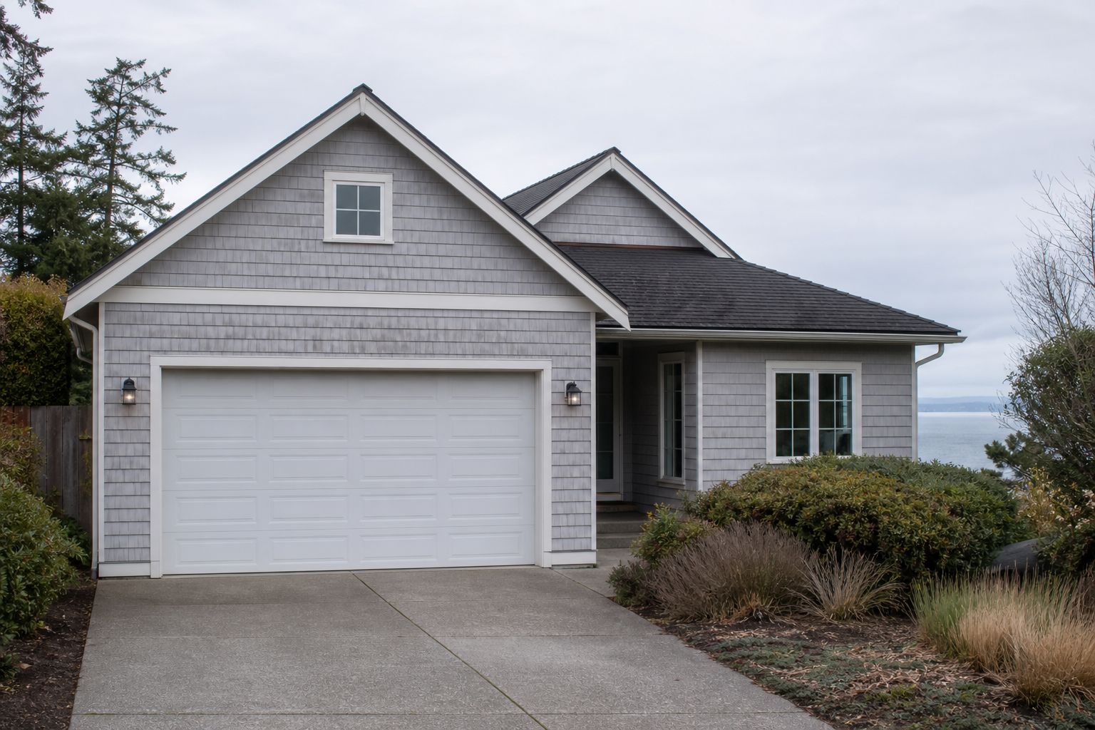 Coastal Port Townsend home with a visible garage door on an overcast day
